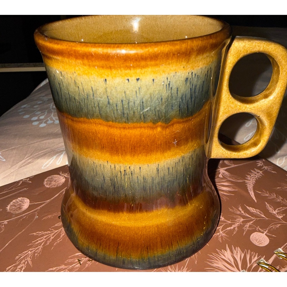 Vintage Italian Art Pottery Mug Double Ring Handle Drip Glaze Mid Century Modern